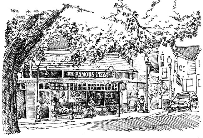 Ink drawing of Famous Pizza Restaurant Ink drawing of Famous Pizza Restaurant