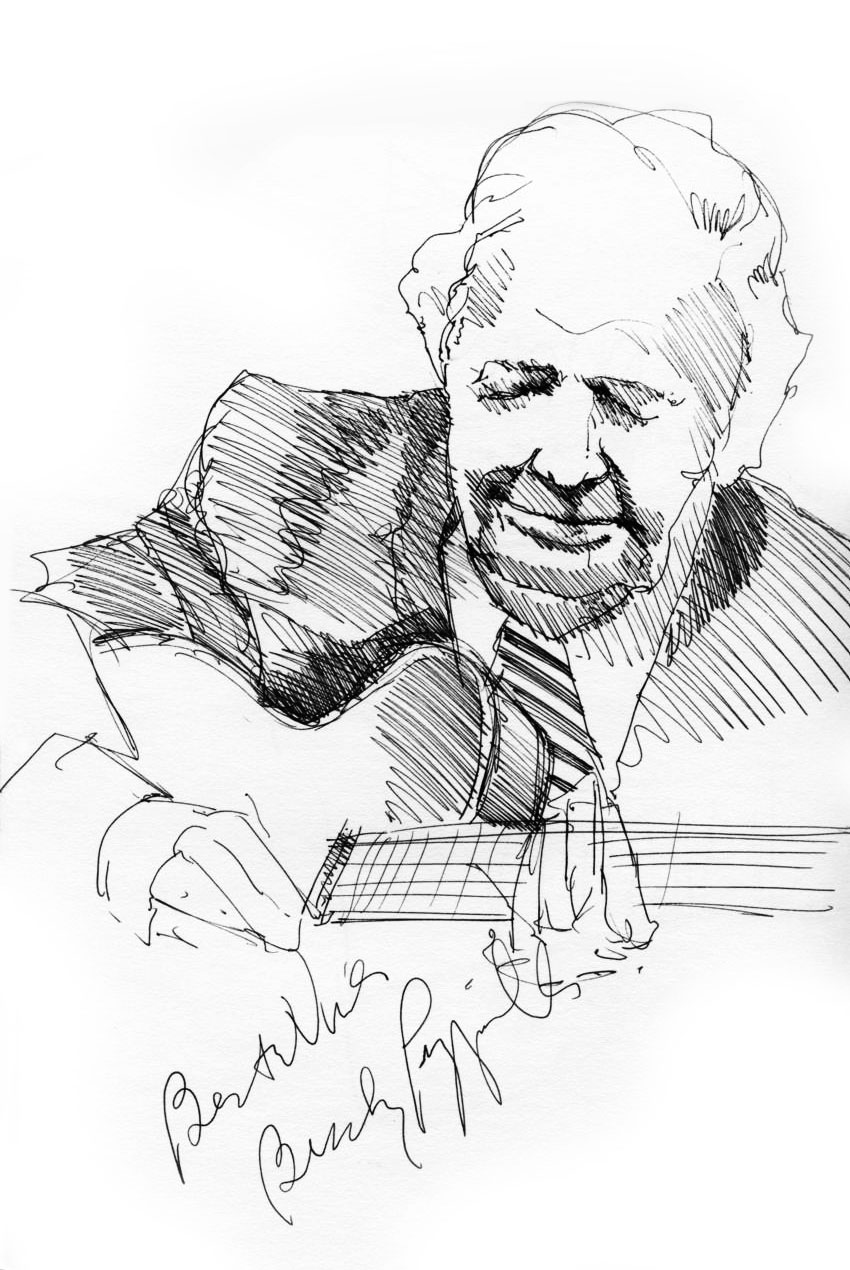Ink sketch of jazz great Bucky Pizzarelli Ink sketch of jazz great Bucky Pizzarelli